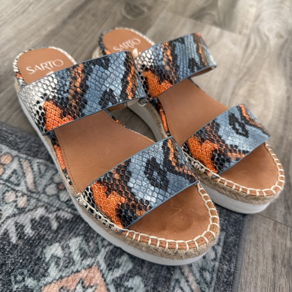Sarto Women's Cappy Colorful Snake Print Leather Espadrille Slides Size 7.5